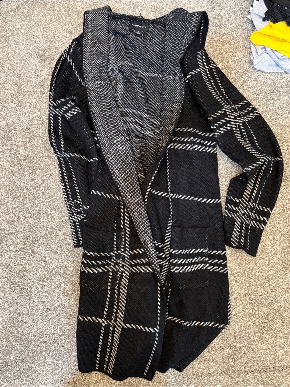 Plaid Hooded Open-Front Cardigan Sweater - Black/Gray